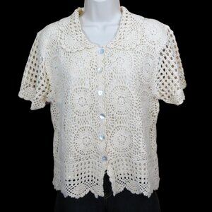 VTG Faith Mountain Cream Crochet Lace Sweater Top Lined Button Short Sleeve L